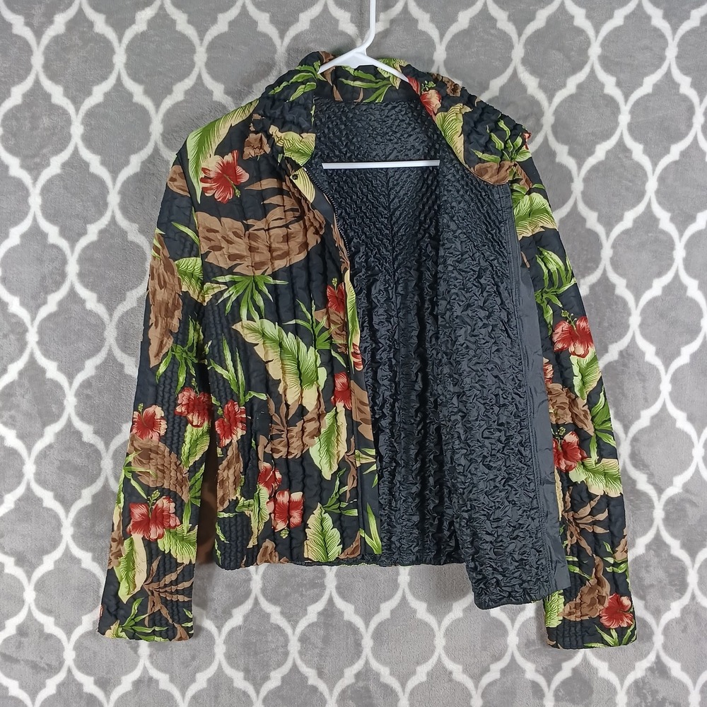 Ubu Reversible Jacket Womens Large Black Floral Crinkle Tropical Travel 2042RPTK